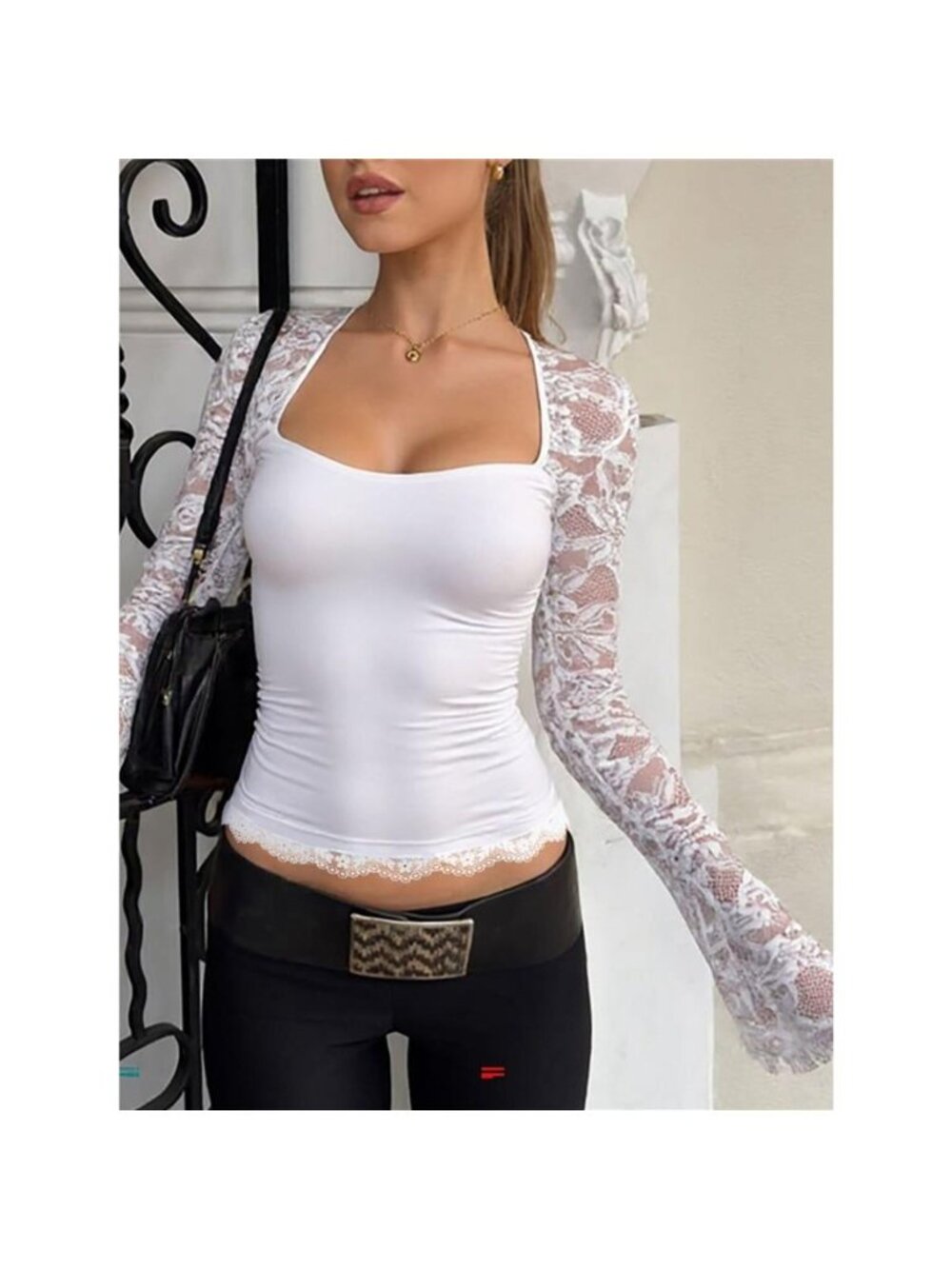 Sheer Lace Sleeve Square Neck T-Shirt